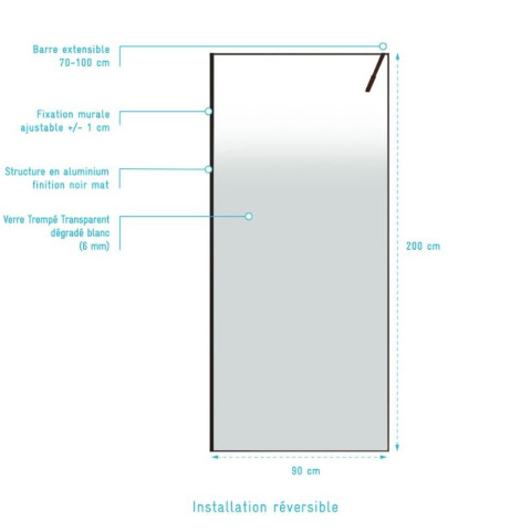 Paroi de douche 90x200cm - Verre dégradé blanc effet brume - Encadrement noir mat – NEPHELIE Aurlane - FAC1115