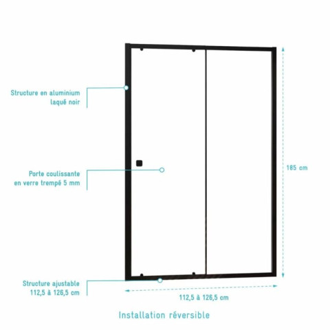 Paroi porte de douche coulissante Noir 120x185cm - Extensible de 112.5 à 126.5 cm - BLACK SLIDE 120 Aurlane - FAC1129