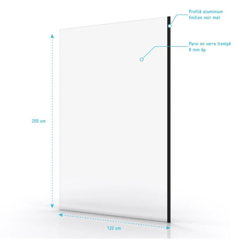 Paroi de douche à l’italienne 120×200 cm verre trempé 8 mm - Profil noir mat - FREEDOM 2 BLACK Aurlane - FAC301