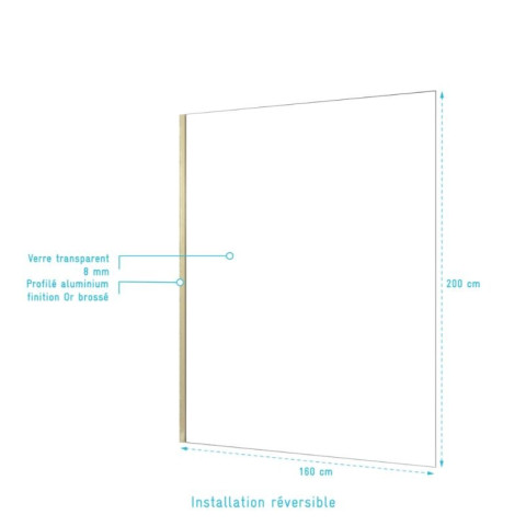 Paroi de douche à l’italienne 160x200 cm verre trempé 8 mm - Or Doré Brossé - FREEDOM 2 GOLD Aurlane - FAC1056