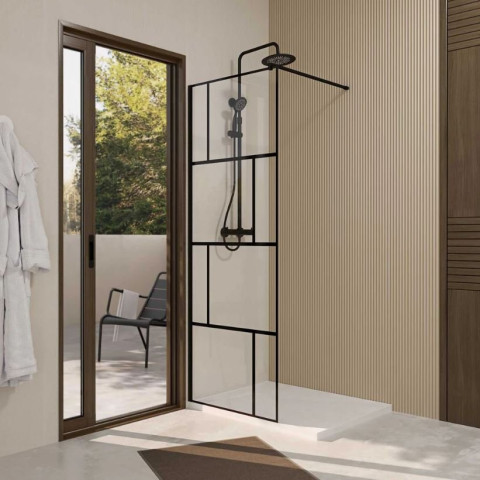 Paroi de douche Sérigraphie Brique - Verre anticalcaire 8mm - Profilé Noir Mat - DARK BLOCKS Aurlane - Dimensions au choix