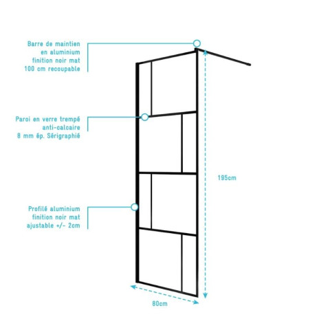 Paroi de douche Sérigraphie Brique - Verre anticalcaire 8mm - Profilé Noir Mat - DARK BLOCKS Aurlane - Dimensions au choix