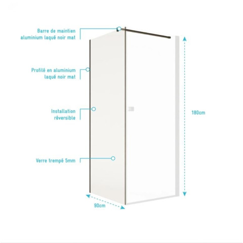 Paroi de retour 90x180 cm pour porte de douche - Verre Trempe 5mm - Finition Noire - DARK ELEMENTARY Aurlane - FAC1095