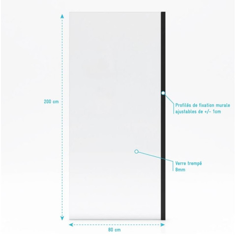 Paroi de retour pour paroi porte de douche type industriel Noir mat - 80x200cm - Verre trempe 8mm Aurlane - FAC359