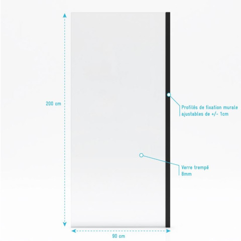 Paroi de retour pour paroi porte de douche type industriel Noir mat 90x200cm - verre trempe 8mm Aurlane - FAC360