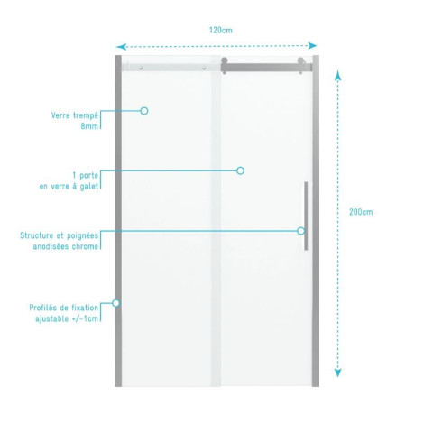 Paroi porte de douche 120x200cm type industriel coulissante CHROME- Verre trempe 8mm Aurlane - FAC613