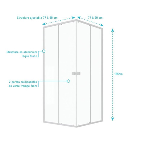 Paroi porte de douche carrée blanc extensible 77 à 90cm de largeur - Verre transparent - WHITY Aurlane - FAC488