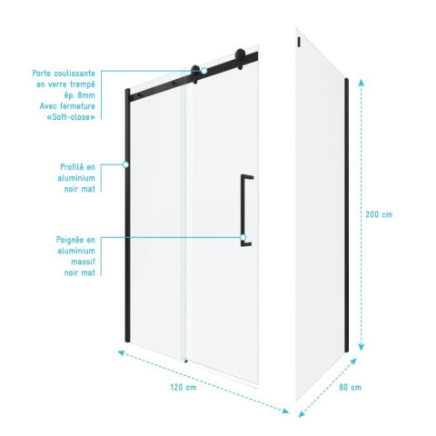 Paroi porte de douche coulissante 120x200cm Noir mat - Rail soft close + RETOUR 80 - RAILROAD DARK Aurlane - FAC626