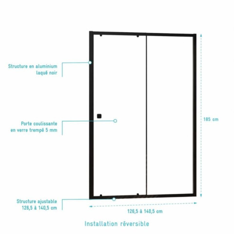 Paroi porte de douche coulissante Noir 140x185cm - Extensible de 126.5 à 140.5 cm - BLACK SLIDE 120 Aurlane - FAC1130
