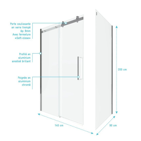 Paroi porte de douche coulissante + retour 140x90cm - RAILROAD CHROMED 140 FRONT-900 Aurlane - FAC633