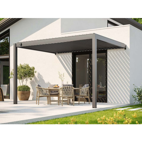 Pergola Bioclimatique 4x3m Adossee ZENITH - Gris Anthracite - 29 Lames Orientables 90° - Manivelle Fournie - Structure en Aluminium