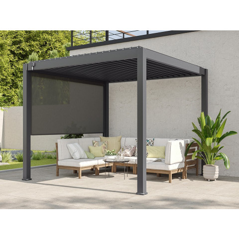 Pergola Bioclimatique AURORA Autoportee - 3X3m - 9m² - Gris - Aluminium - Ouverture des Lames Jusqu'à 90° - Lames en Acier Galvanisé