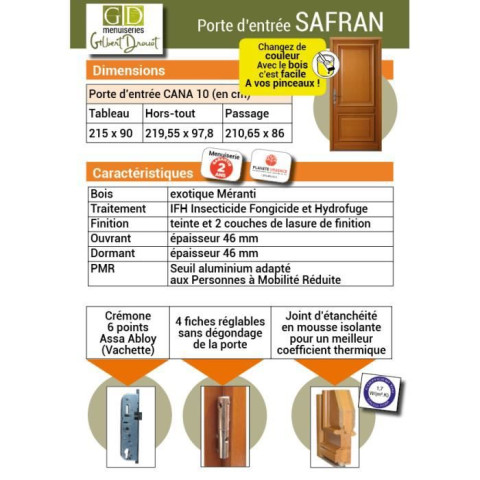 Porte d'entrée modèle safran dimension 215 x 90 poussant gauche