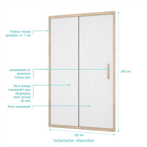 Porte de douche 120x200 coulissante HINATA - Style Japandi courbes douces Aurlane - FAC1064