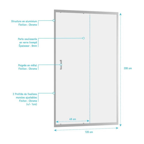 Porte de douche coulissante 120x200 cm - Verre transparent - Profilé chrome - CHROMED CRUSH Aurlane - FAC769