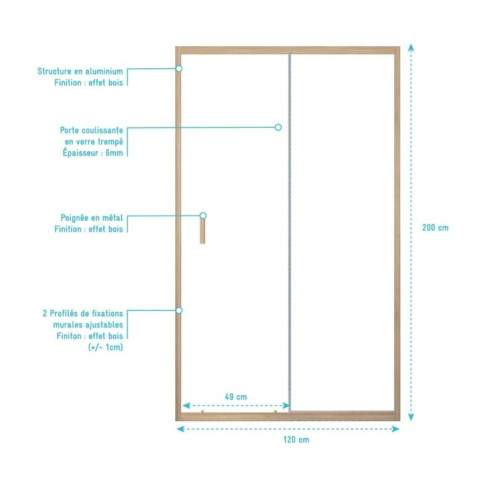 Porte de douche coulissante 120x200cm - Profilés aluminium effet Bois - Verre 6mm - WOOD CRUSH Aurlane - FAC1074
