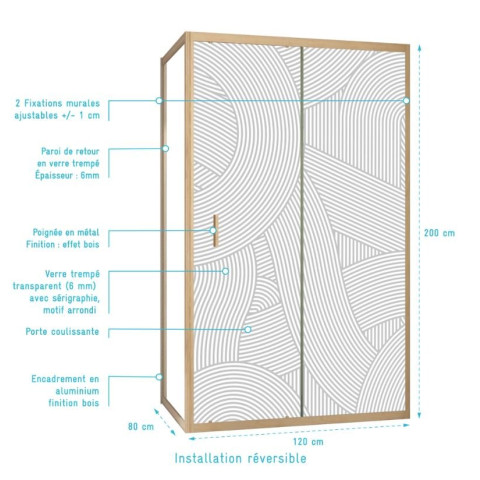 Porte de douche coulissante avec retour 120x80x200cm style Japandi arrondi - Cadre Effet Bois - HINATA Aurlane - PACF500