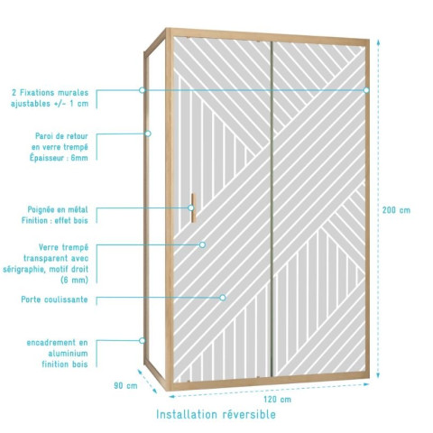 Porte de douche coulissante avec retour 120x90x200cm Style Japandi Géométrique - Cadre Effet Bois - HINATA Aurlane - PACF499