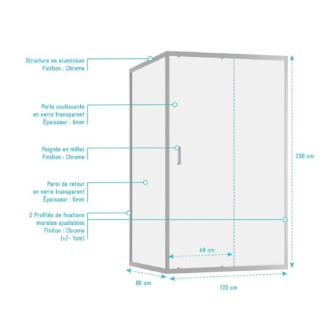 Porte de douche coulissante et retour 120x80x200cm - Profilés Chrome - Verre trempé 6mm - CHROMED CRUSH Aurlane - PACF492