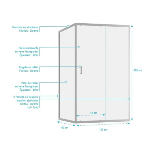 Porte de douche coulissante et retour 120x90x200cm - Verre trempé 6 mm - Profilé chrome - CHROMED CRUSH Aurlane - PACF493