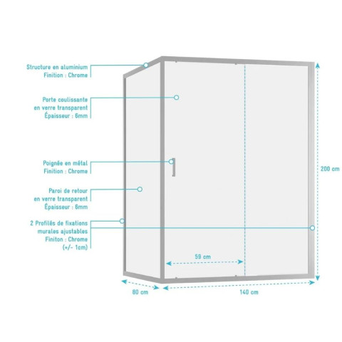 Porte de douche coulissante et retour 140x80x200cm - Verre trempé 6 mm - Profilé chrome - CHROMED CRUSH Aurlane - PACF494