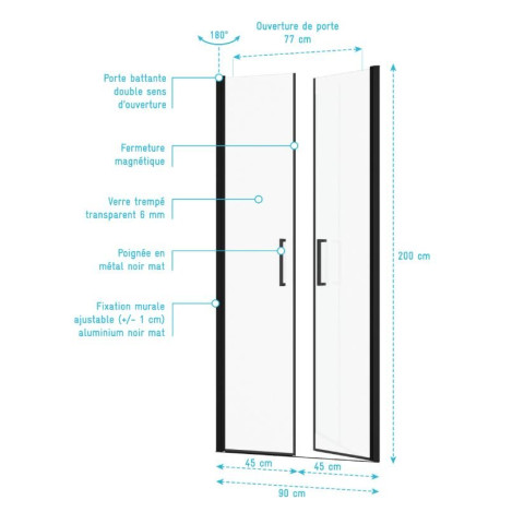 Porte de douche double battant 90x200cm - Verre trempé transparent 6mm - Profil Noir Mat Aurlane - FAC227
