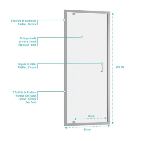 Porte de douche pivotante 80x200 cm - Verre trempé 6 mm - Profilé chrome - CHROMED CRUSH Aurlane - FAC773
