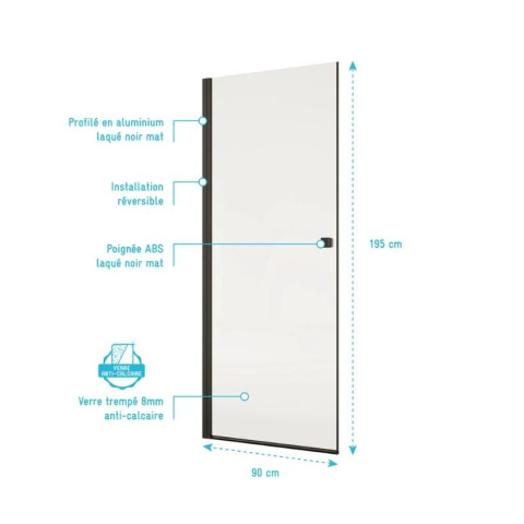 Porte de douche pivotante 90x195cm - Verre trempé 8mm anticalcaire - Alu noir – DARK ELEMENTARY Aurlane - FAC1103
