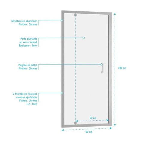 Porte de douche pivotante 90x200 cm - Profilés chrome - Verre trempé 6 mm - CHROMED CRUSH Aurlane - FAC774