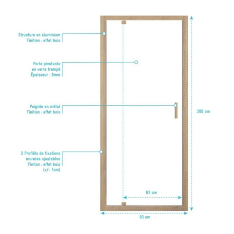 Porte de douche pivotante 90x200cm - Profilés aluminium effet Bois - Verre 6mm - WOOD CRUSH Aurlane - FAC1073