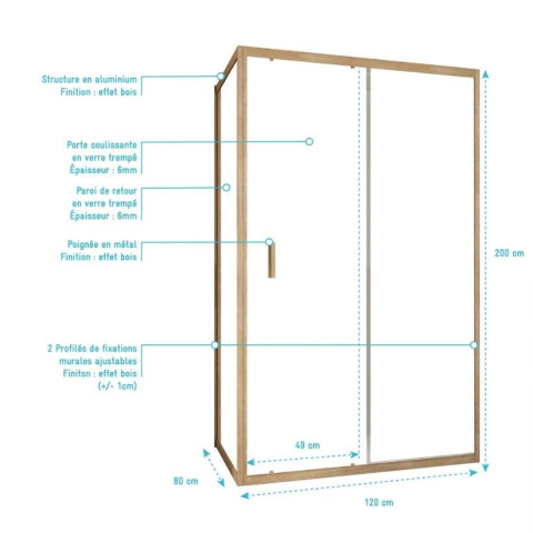 Porte de douche pivotante et retour 120x80x200cm - Profilés alu effet bois - Verre trempé 6mm - WOOD CRUSH Aurlane - PACF503