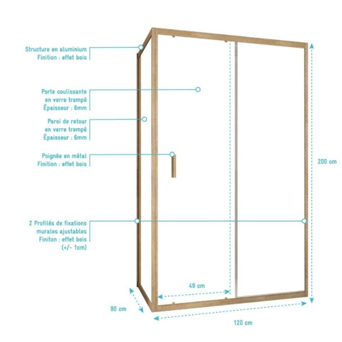 Porte de douche pivotante et retour 120x90x200cm - Profilés alu effet bois - Verre trempé 6mm - WOOD CRUSH Aurlane - PACF504