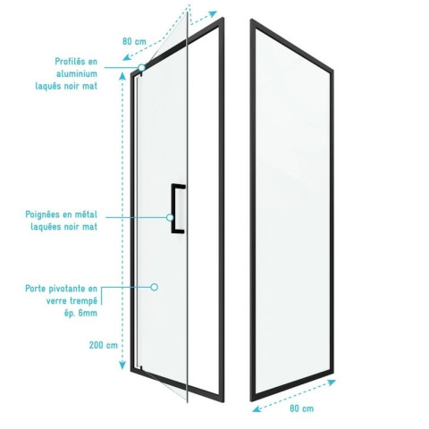 Porte de douche pivotante et retour 80x80x200 - Profilés noir mat - CRUSH PIVOTANTE Aurlane - FAC624