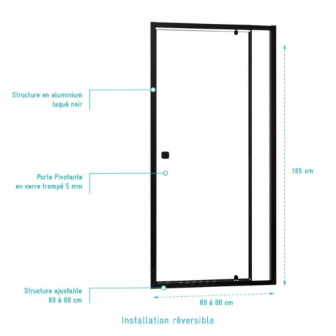 Porte de douche pivotante Noir 70-80x185cm - Extensible de 69 à 80 cm - BLACK SLIDE 70 80 Aurlane - FAC1131