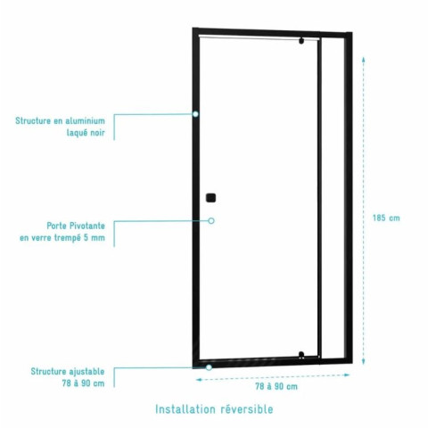 Porte de douche pivotante Noir 80-90x185cm - Extensible de 78 à 90 cm - BLACK SLIDE 70 80 Aurlane - FAC1132