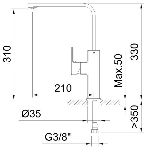 Mitigeur pour évier Alpina Square Cold Open - 310 mm 5l/min - Nickel brossé - STANDARD HIDRAULICA - 61196
