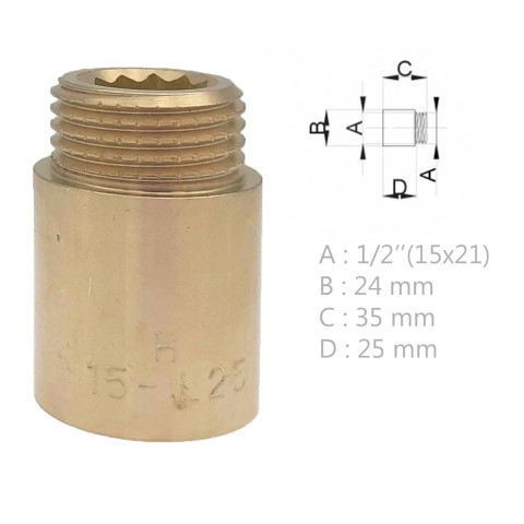 Rallonge laiton mâle femelle       ø 1/2" x l. 25 mm - lot de 5