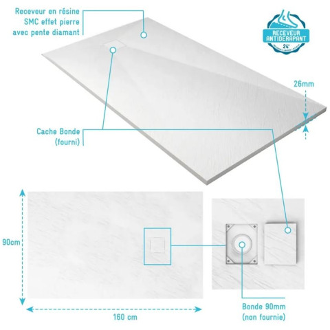 Receveur de douche 90x160x2.6 cm en smc finition ardoise - blanc mat - rock 2 white Aurlane - FAC1052