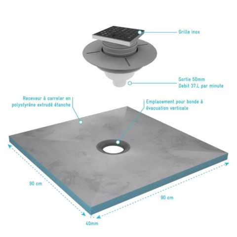 Receveur de douche à carreler 90x90 cm avec bondes à sortie verticale - Grille Inox - RAINY Aurlane - PACR002