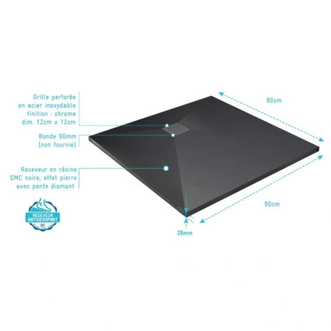 Receveur de douche Noir Effet Pierre 90x90 cm et grille décor perforée en Inox - ROCK 2 Aurlane - FAC1072
