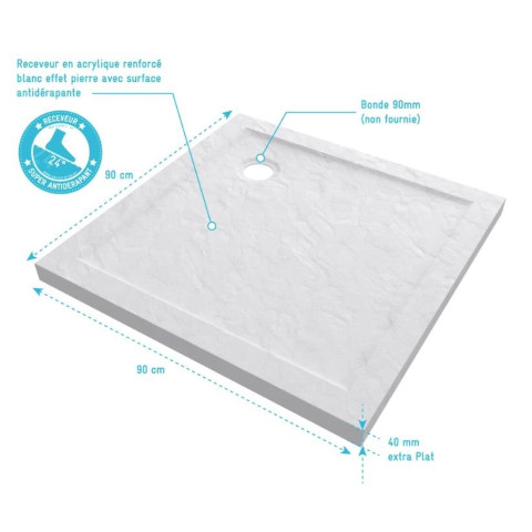 Receveur de douche à poser 90x90 cm extra plat en acrylique renforcée blanc - Finition pierre Aurlane - FAC363