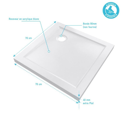 Receveur de douche à poser extra plat en acrylique blanc carré 70x70cm - bac de douche WHITENESS 70 Aurlane - FAC370
