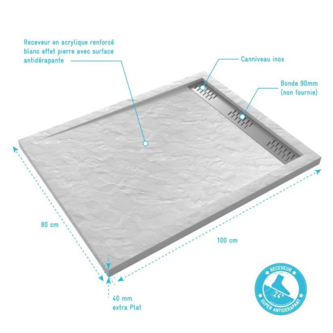 Receveur en acrylique Blanc effet pierre 80x100x4 cm - Grille linéaire chrome – MOON Aurlane - FAC610