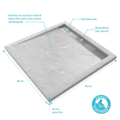 Receveur en acrylique blanc effet pierre 80x80x4 cm - Grille linéaire chrome - MOON Aurlane - FAC608