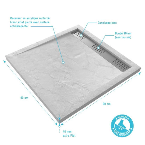 Receveur en acrylique Blanc Effet Pierre 90x90x4 cm - Grille Linéaire Chrome - MOON Aurlane - FAC609