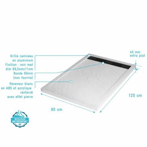 Receveur en acrylique MOON Blanc effet pierre 80x120x4 cm grille linéaire Noire Aurlane - FAC1022