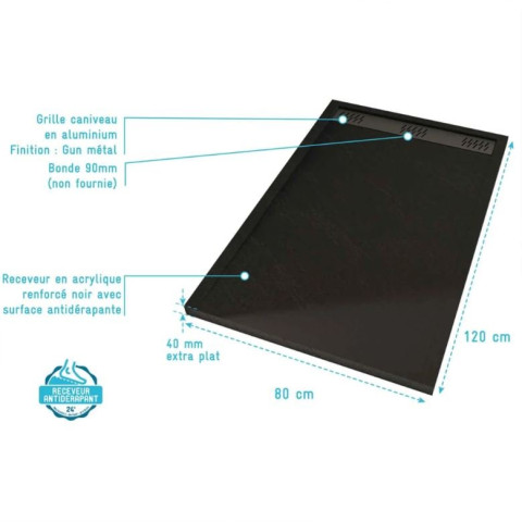 Receveur en acrylique Noir Effet Pierre 80x120x4 cm + Grilles linéaires chrome et gun métal - MOON Aurlane - PACR317
