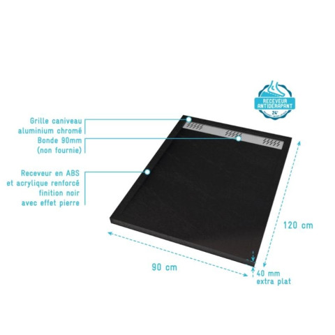Receveur en acrylique Noir effet pierre 90x120x4 cm- Grille linéaire chrome - METEORA Aurlane - FAC1053