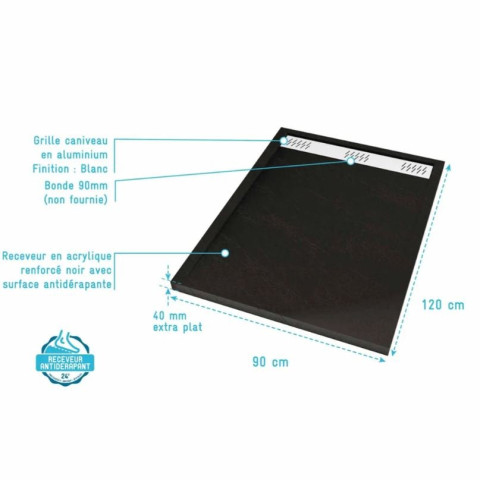 Receveur en acrylique Noir effet pierre 90x120x4 cm + Grilles linéaires chrome et blanche mate - METEORA Aurlane - PACR306