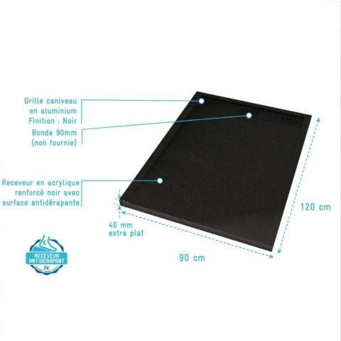 Receveur en acrylique Noir effet pierre 90x120x4 cm + Grilles linéaires chrome et Noire mate - METEORA Aurlane - PACR308